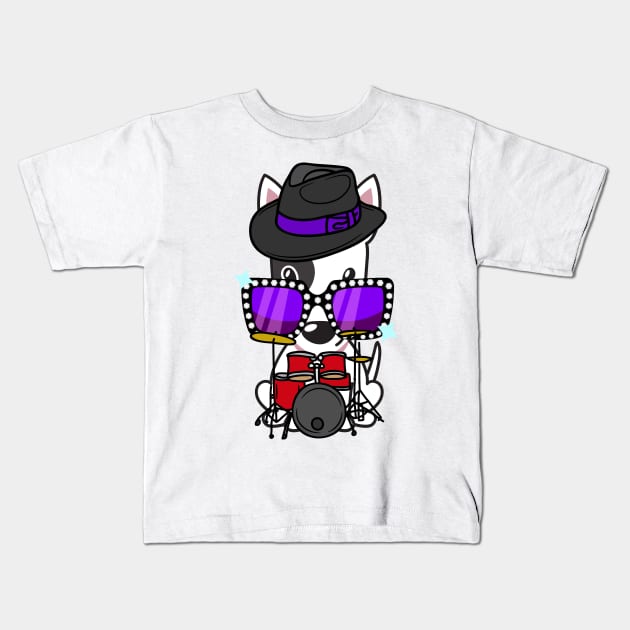 Cute Bull Terrier jamming on the drums Kids T-Shirt by Pet Station